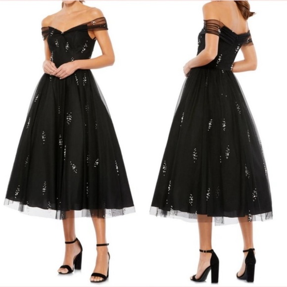 MAC Duggal Black Off The Shoulder Pearl Embellished Tulle Cocktail Dress Reemoly - Picture 1 of 17